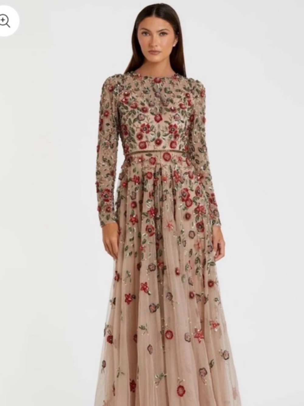 Mac Duggal Beige Long Sleeve Embroidered Floral A-Line Gown